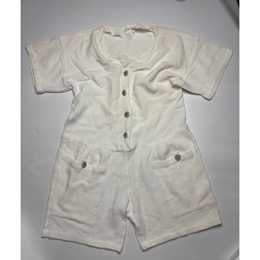 VTG Sun Showers Women's Size M Gauze White Jumpsuit Romper Coastal Beach Coverup